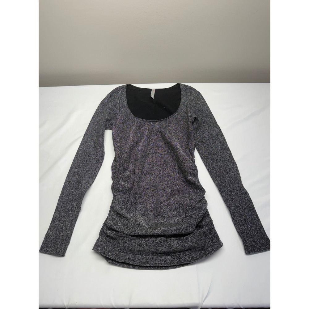 Last Tango Women Black Silver Metallic Shimmer Ruched Scoop Neck Top S/M USA Y2K